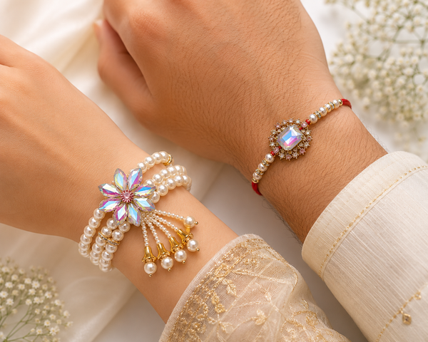 Crystal Bloom Pearl Bhaiya Bhabhi Rakhi Lumba Combo - View 2 - alternate view