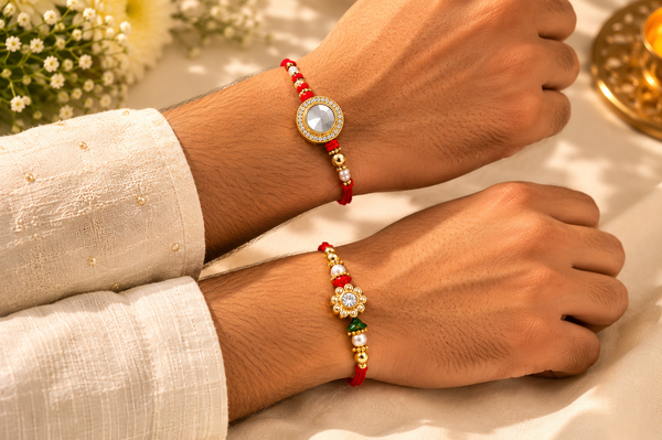 Shubh Kundan Rakhi Duo | Kundan Pearl Rakhi Set of 2 for Brother - View 2 - alternate view