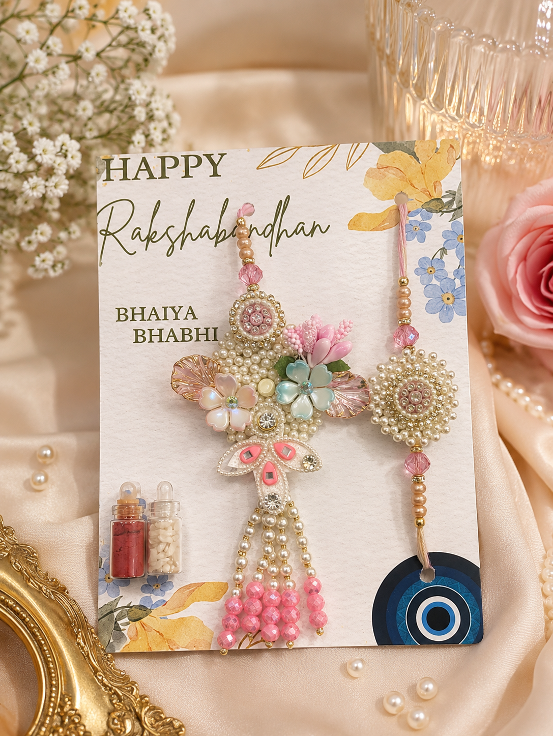 Gulnaar Pastel Pearl Rakhi Lumba Combo for Bhaiya Bhabhi