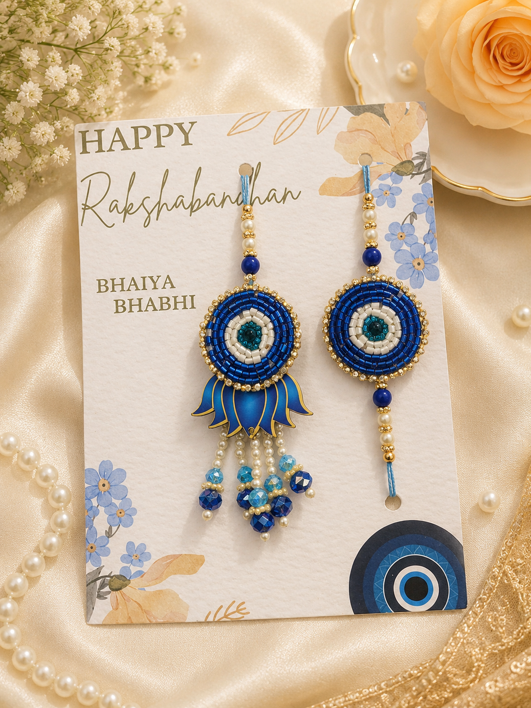 Delisha Karigari Neel Drishti Rakhi Lumba Combo | Blue Evil Eye Pearl Rakhi Set for Raksha Bandhan