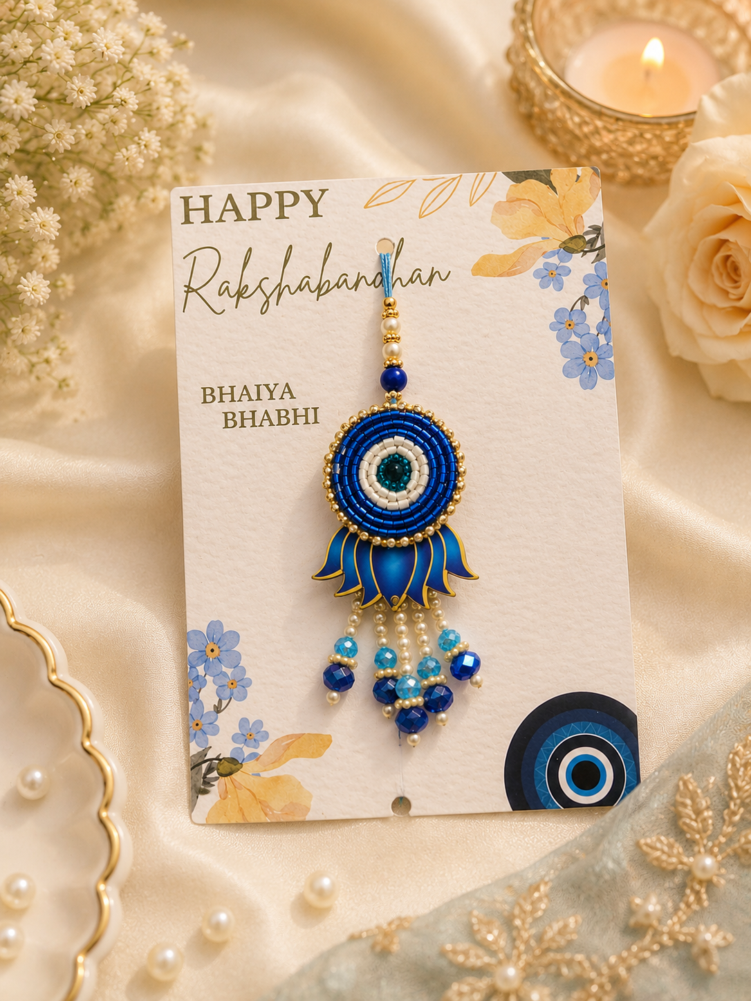 Delisha Karigari Neel Drishti Rakhi Lumba Combo | Blue Evil Eye Pearl Rakhi Set for Raksha Bandhan