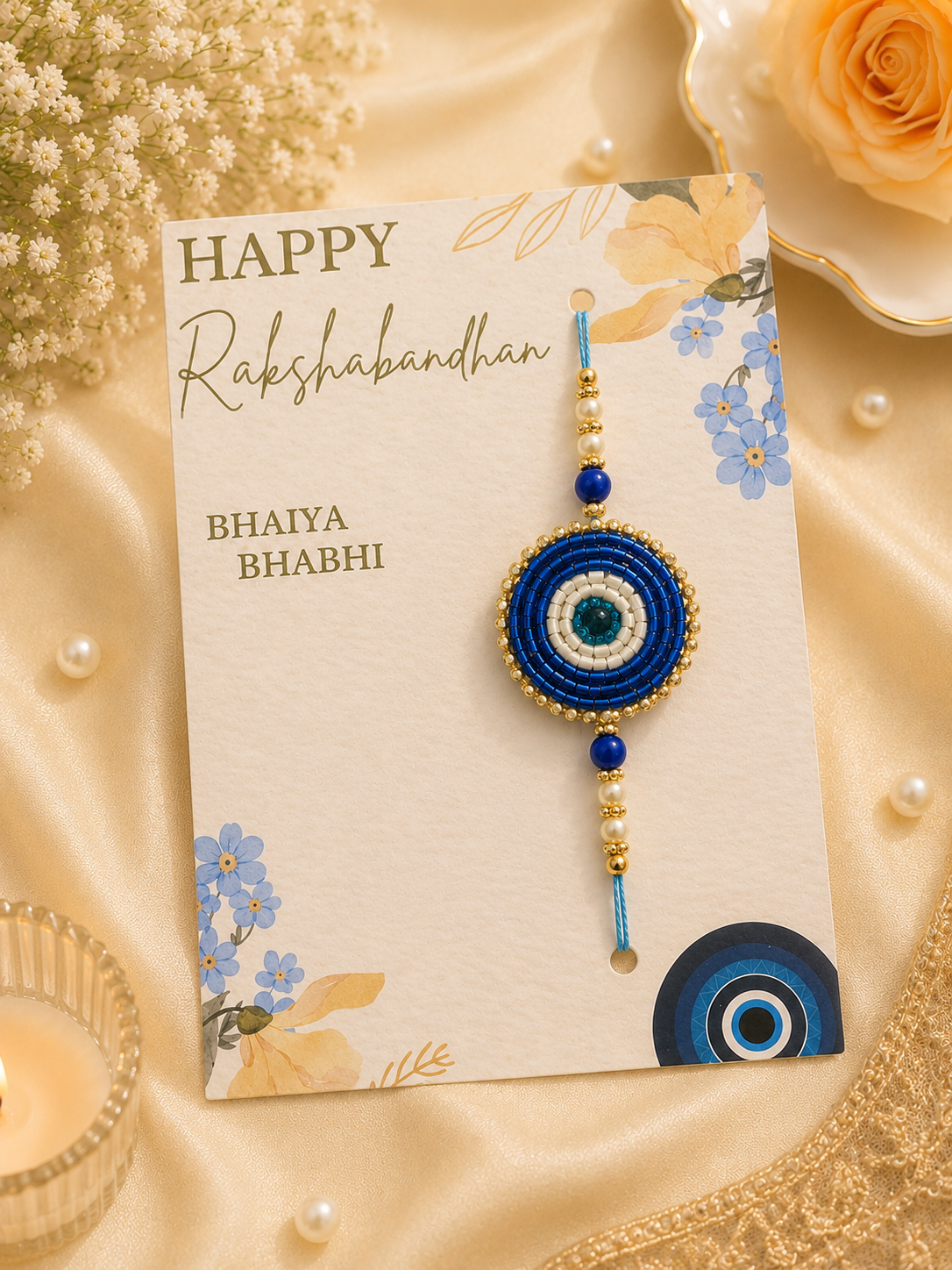Delisha Karigari Neel Drishti Rakhi Lumba Combo | Blue Evil Eye Pearl Rakhi Set for Raksha Bandhan