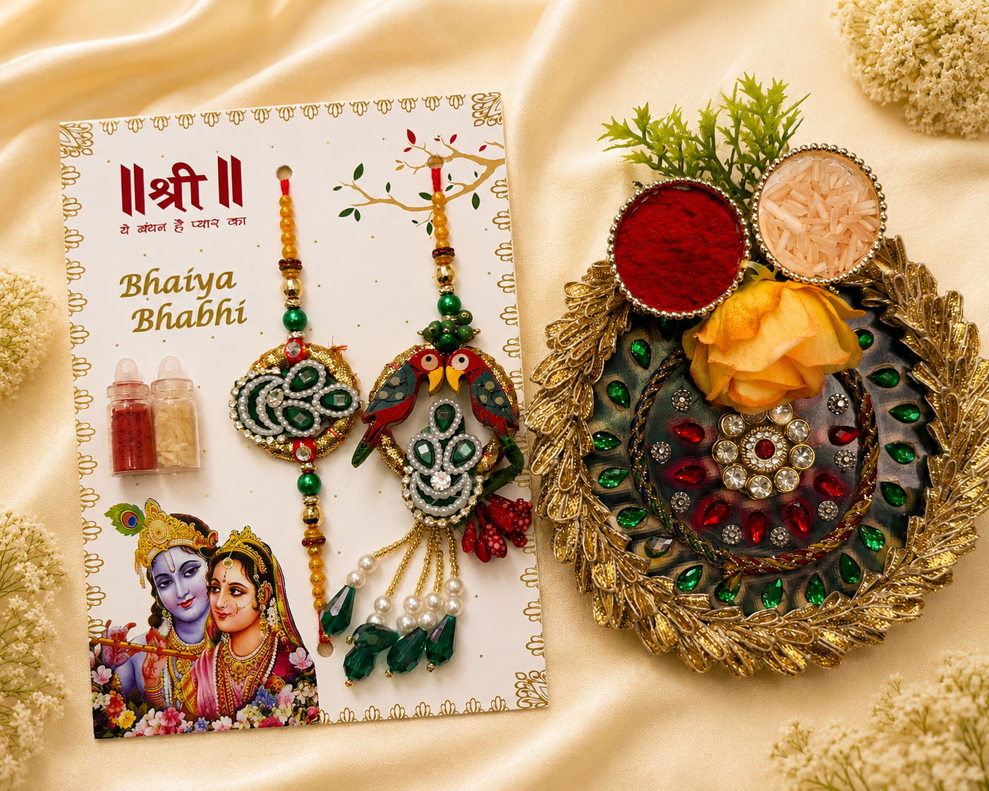 Delisha Karigari Prem Pakhi Emerald Royale | Designer Bhaiya Bhabhi Rakhi Lumba Combo