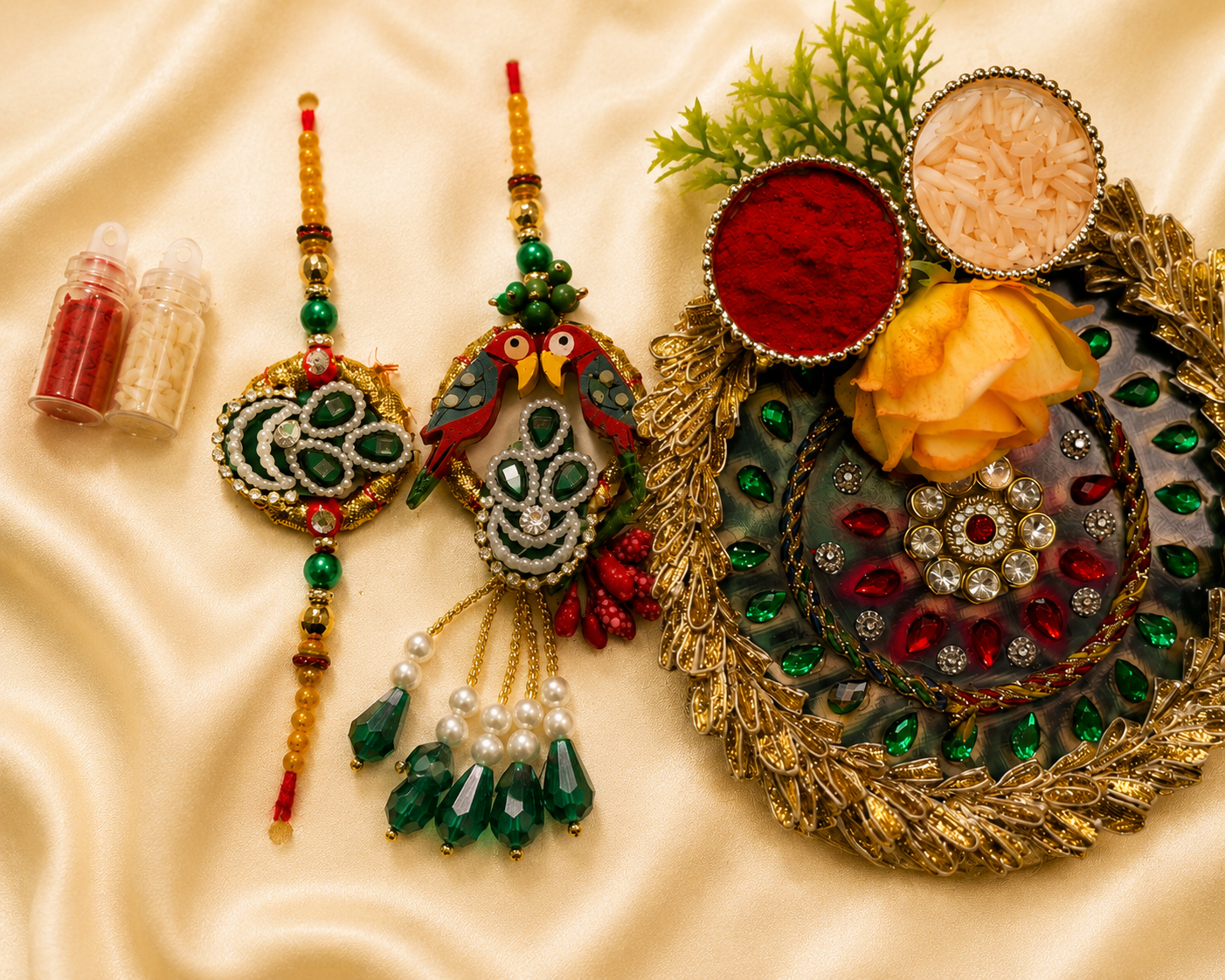 Delisha Karigari Prem Pakhi Emerald Royale | Designer Bhaiya Bhabhi Rakhi Lumba Combo