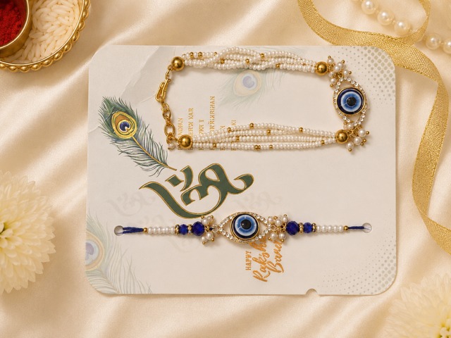 Pearl Evil Eye Rakhi & Lumba Set with Beaded Detailing