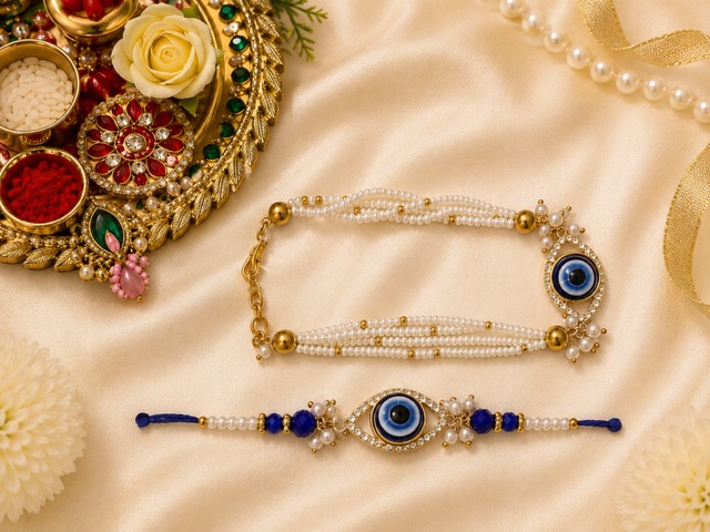 Pearl Evil Eye Rakhi & Lumba Set with Beaded Detailing