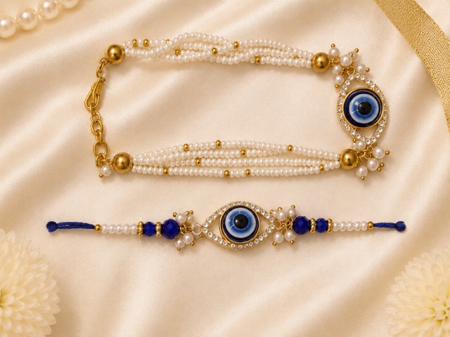Pearl Evil Eye Rakhi & Lumba Set with Beaded Detailing