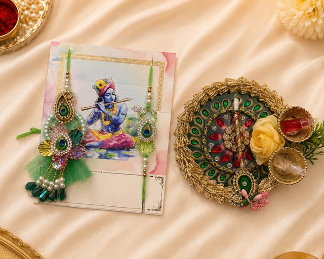 Green Peacock Feather Rakhi Set with Decorative Tilak Thali