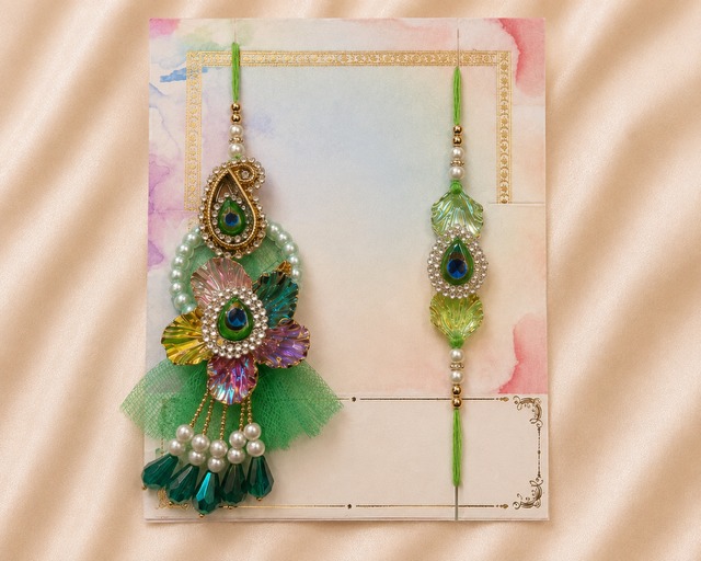 Green Peacock Feather Rakhi Set with Decorative Tilak Thali