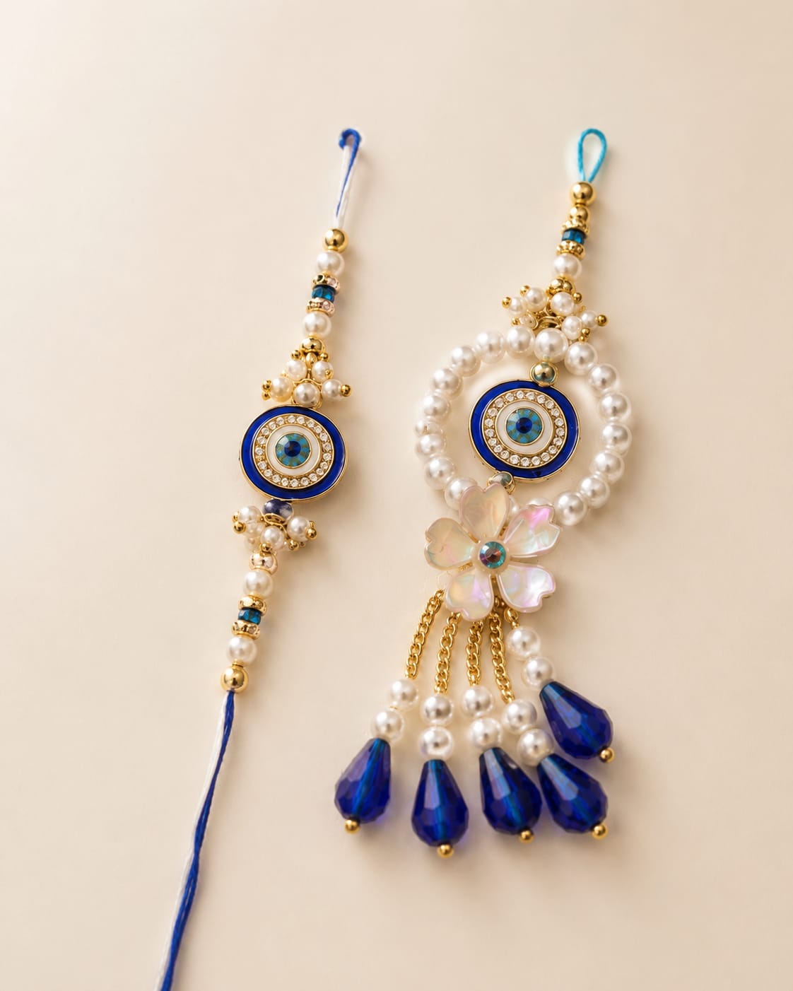Evil Eye Pearl Rakhi & Lumba Set with Blue Crystal Drops