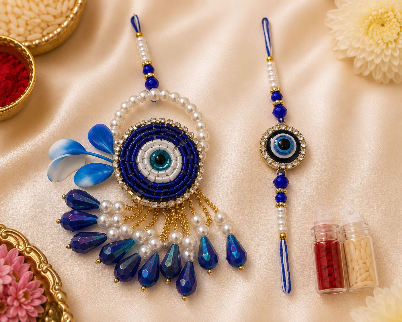 Blue Evil Eye Rakhi Lumba Set for Protection