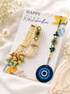 Emerald Pearl Rakhi Lumba Set | Premium Bhaiya Bhabhi Rakhi with Pearl Lumba & Evil Eye Charm