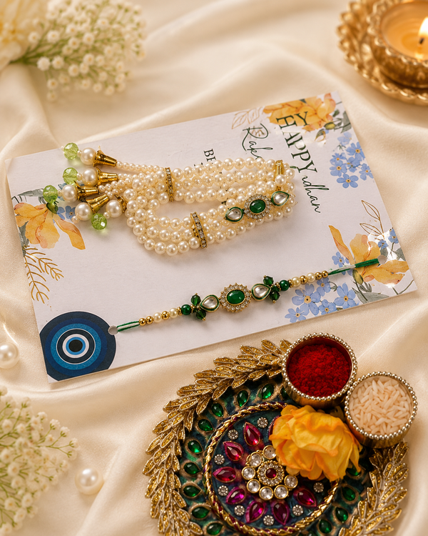 Emerald Pearl Rakhi Lumba Set | Premium Bhaiya Bhabhi Rakhi with Pearl Lumba & Evil Eye Charm - View 2 - alternate view