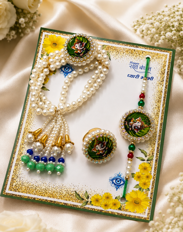 Shree Gajraj Pearl Rakhi Lumba Ring Set