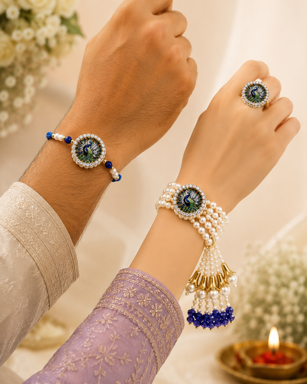 Mor Mahal Pearl Bhaiya Bhabhi Rakhi Lumba Ring Set - View 2 - alternate view