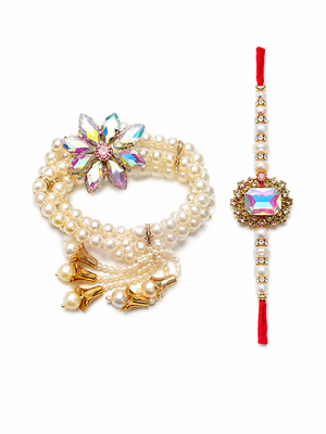 Crystal Bloom Pearl Bhaiya Bhabhi Rakhi Lumba Combo - View 3
