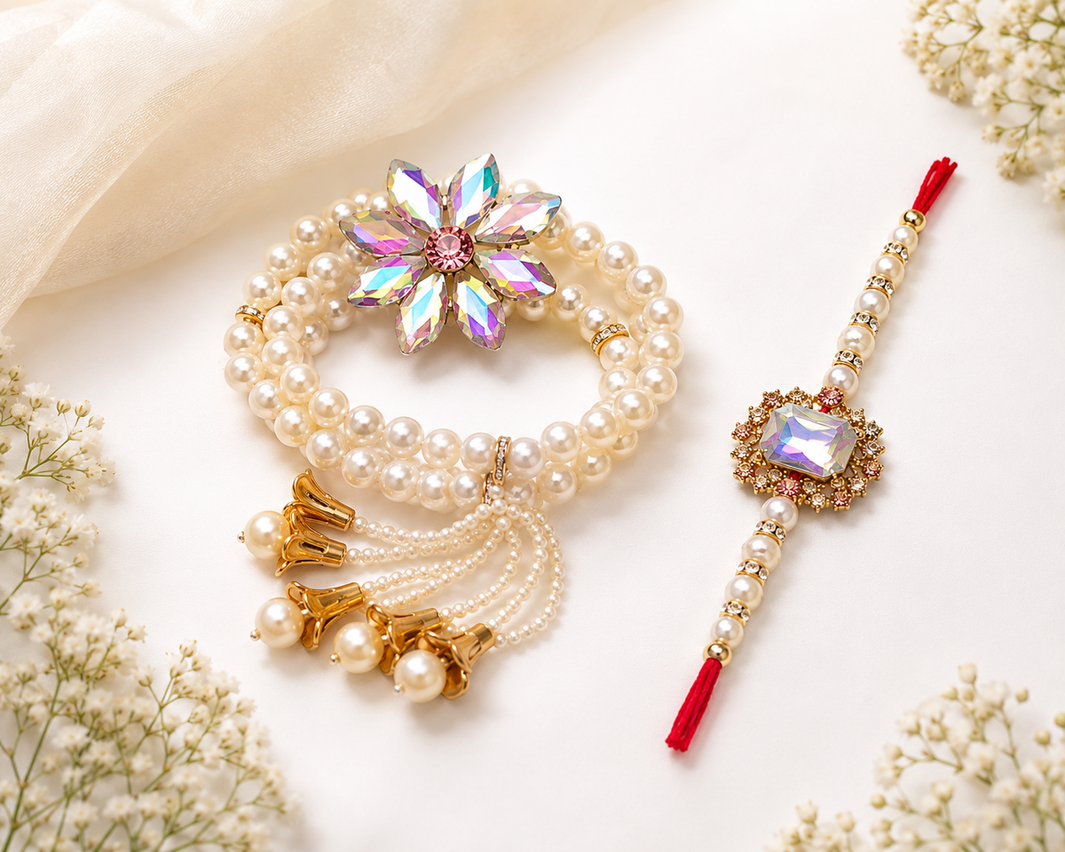 Crystal Bloom Pearl Bhaiya Bhabhi Rakhi Lumba Combo