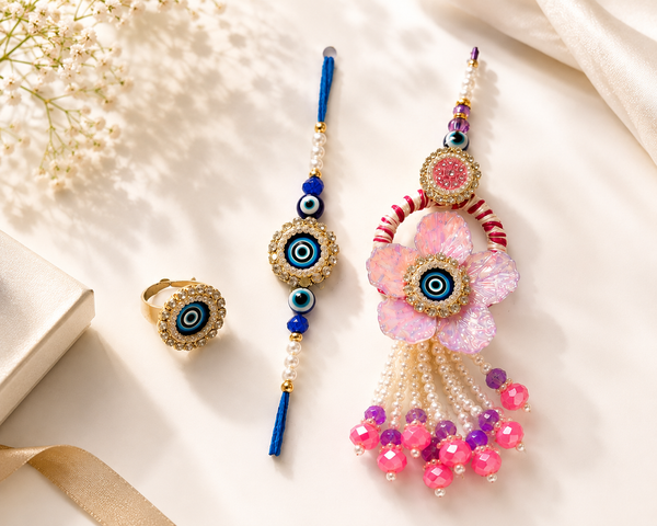 Pink Bloom Nazariya Rakhi Ring Set