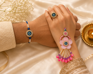 Pink Bloom Nazariya Rakhi Ring Set - View 3
