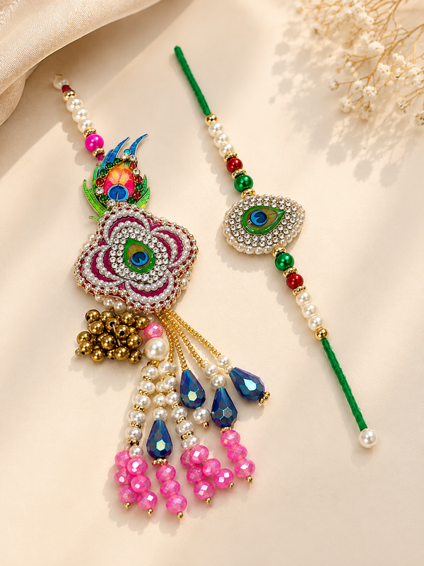 Peacock Blossom Bhaiya Bhabhi Rakhi Lumba Set