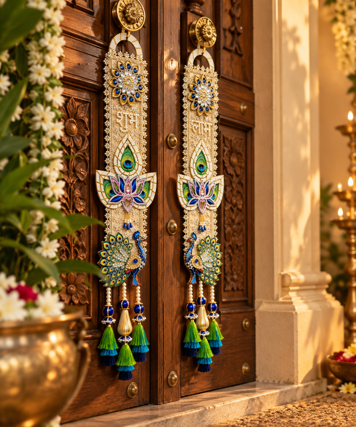 Shubh Labh Peacock Feather Wall Hanging Latkan Pair